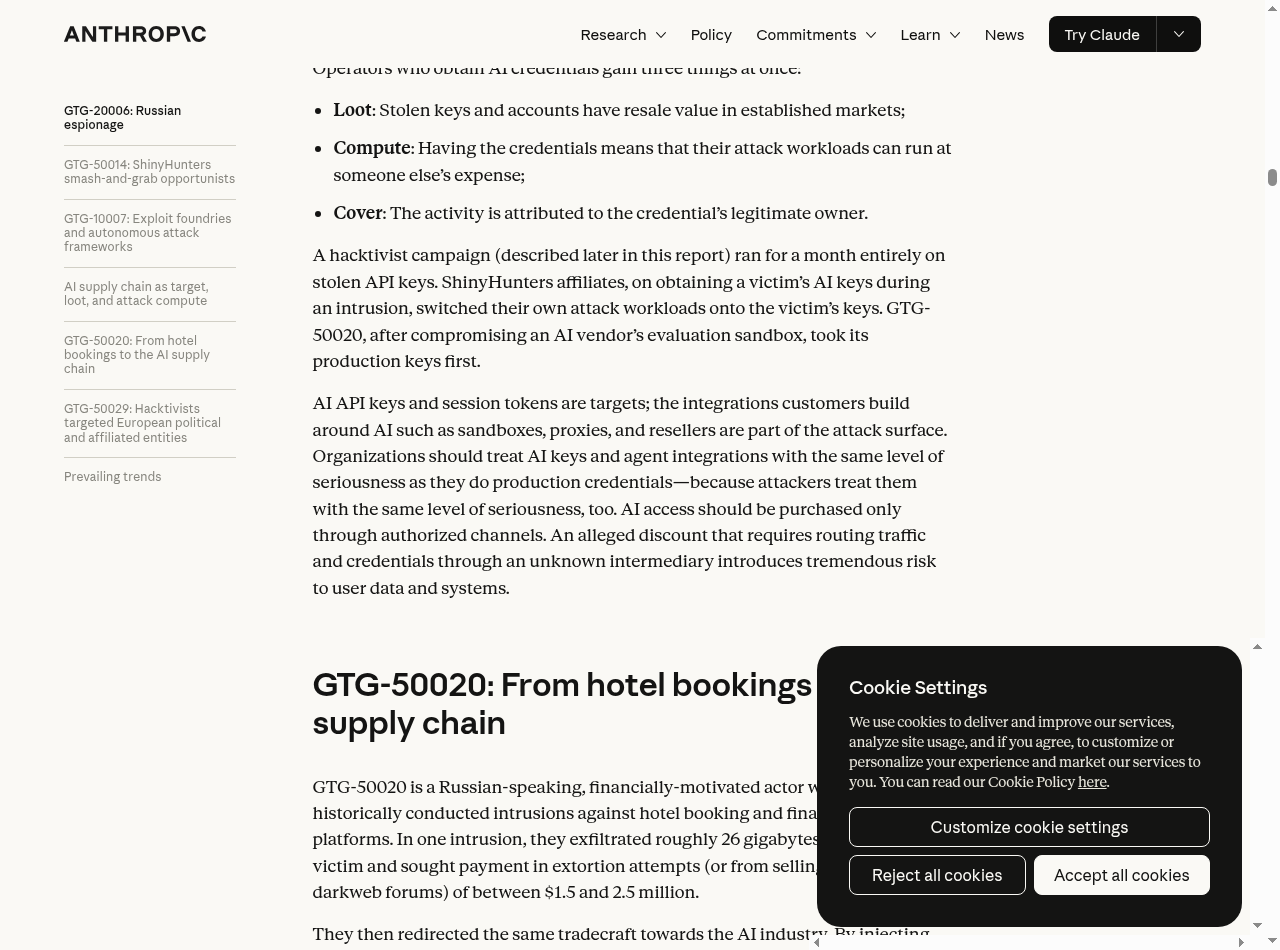 Official Anthropic report page: guidance on treating AI API keys as production credentials