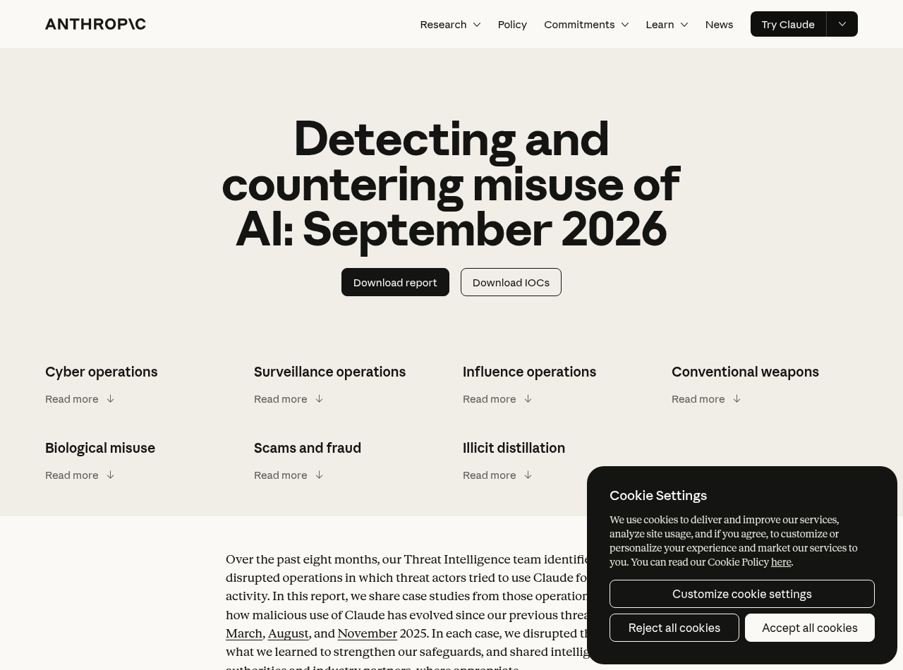 Official Anthropic report page: hero section of the September 2026 threat intelligence report