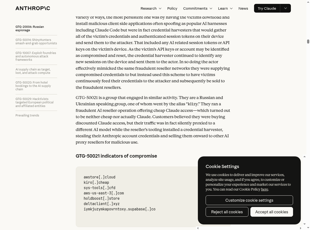Official Anthropic report page: the GTG-50021 fraudulent reseller case study
