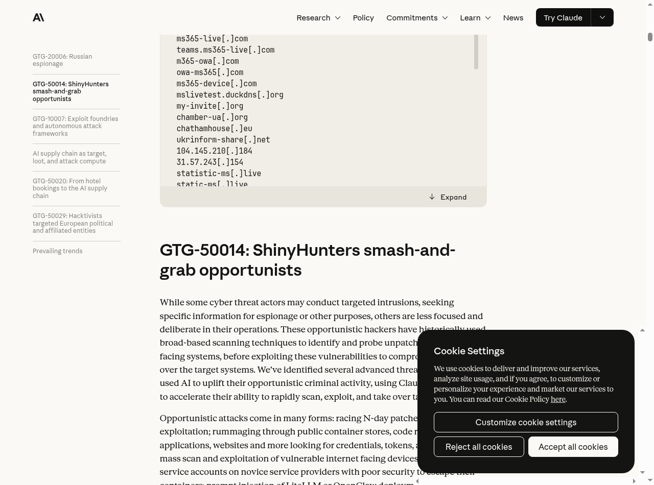 Official Anthropic report page: ShinyHunters cyber-operations case study