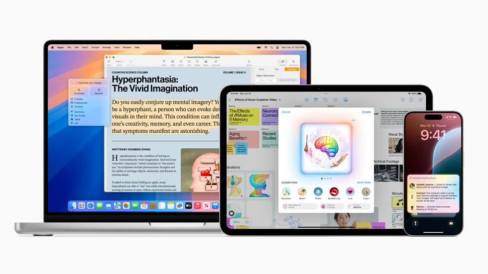 Apple Intelligence features shown across MacBook Pro, iPad Pro, and iPhone 15 Pro