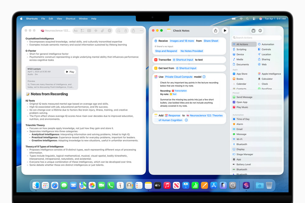 Apple\'s Shortcuts app tapping into Apple Intelligence models either on-device or with Private Cloud Compute