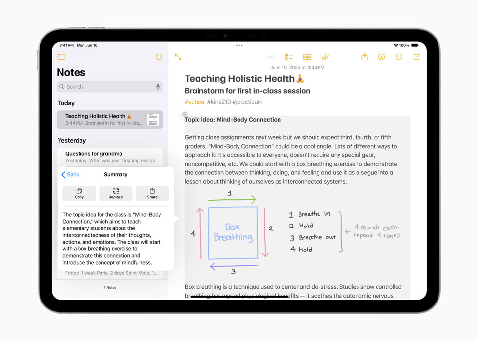 Apple Intelligence Notes app summarizing text into a paragraph, bulleted list, or table