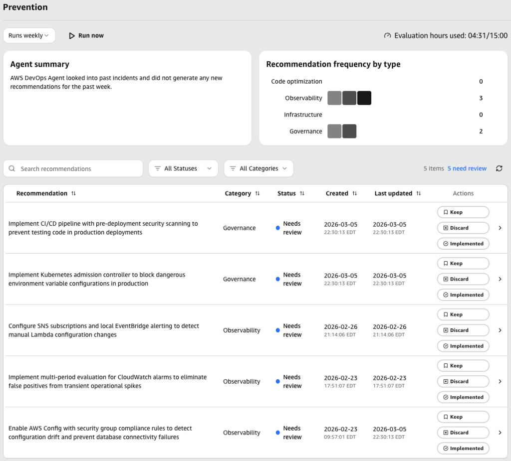 Official AWS DevOps Agent GA blog screenshot of the DevOps Agent dashboard with agent summary and recommendation feed