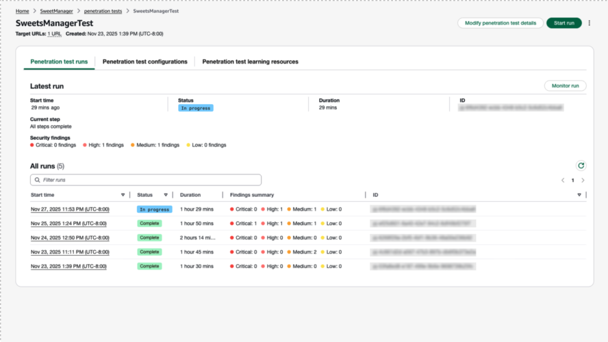 Official AWS Security Blog figure: initiate a penetration test in minutes and receive validated findings within hours