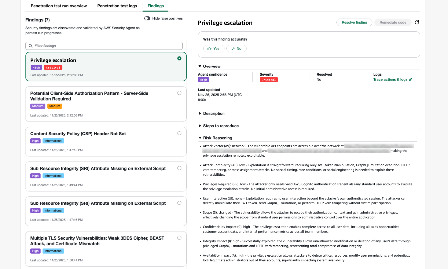Official AWS Security Blog screenshot of the AWS Security Agent findings console showing severity, reproduction steps, and remediation tracking