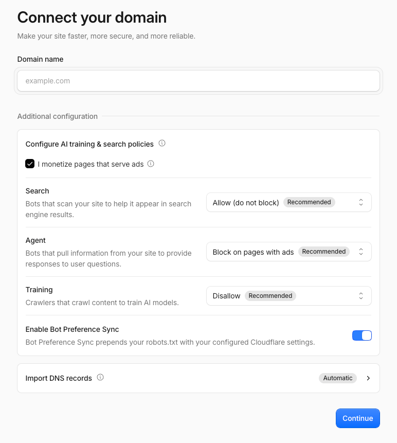 Official Cloudflare settings table: recommended defaults for new domains