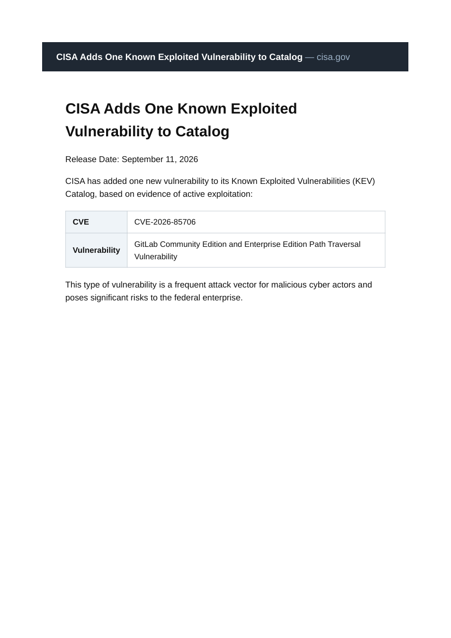 Reproduction of the official CISA alert adding CVE-2026-85706 to the KEV catalog