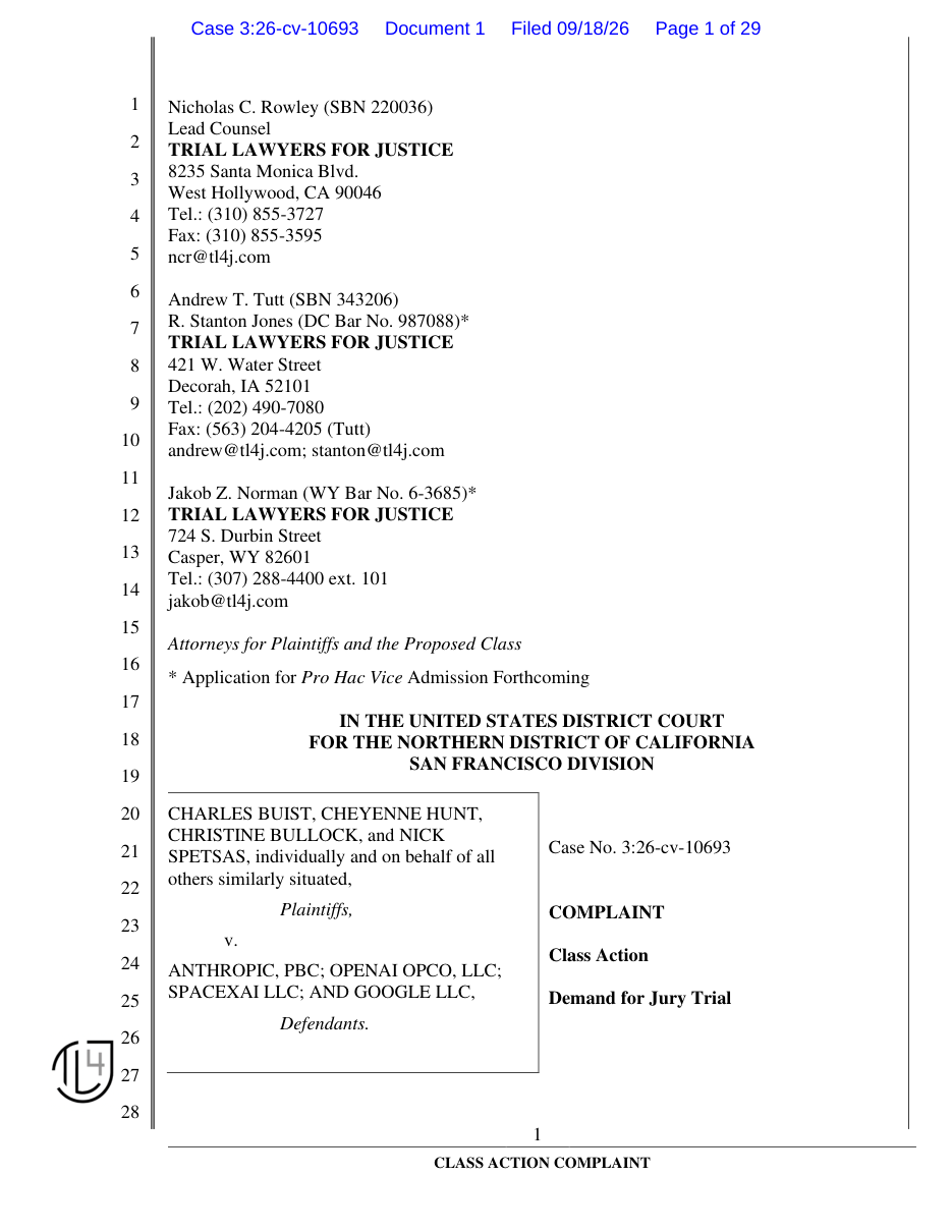 Cover page of the Buist et al. v. Anthropic PBC class action complaint, No. 3:26-cv-10693 (Northern District of California)