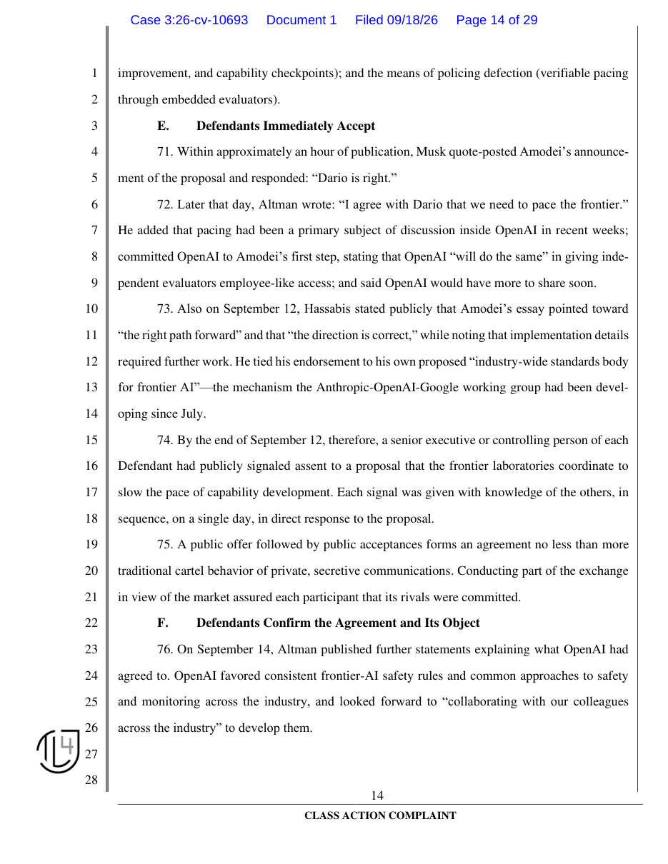 Reproduction of complaint page 14 showing the defendants' immediate acceptances of the pacing proposal