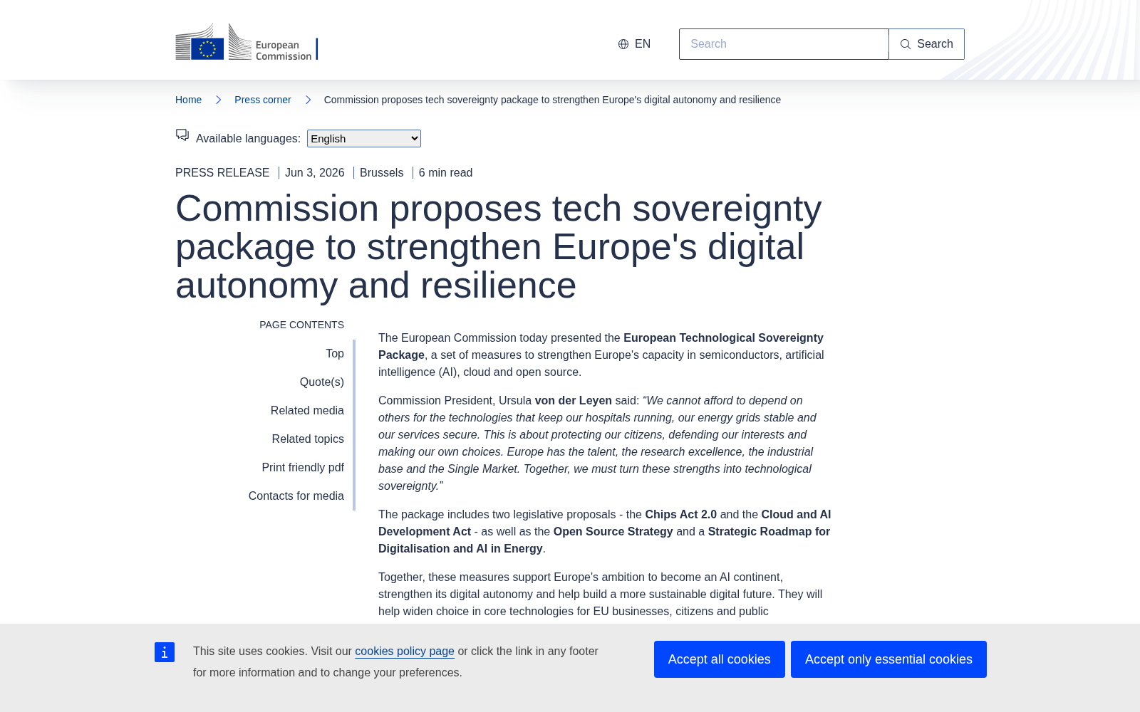 Screenshot of the European Commission press-corner page for the June 3, 2026 announcement