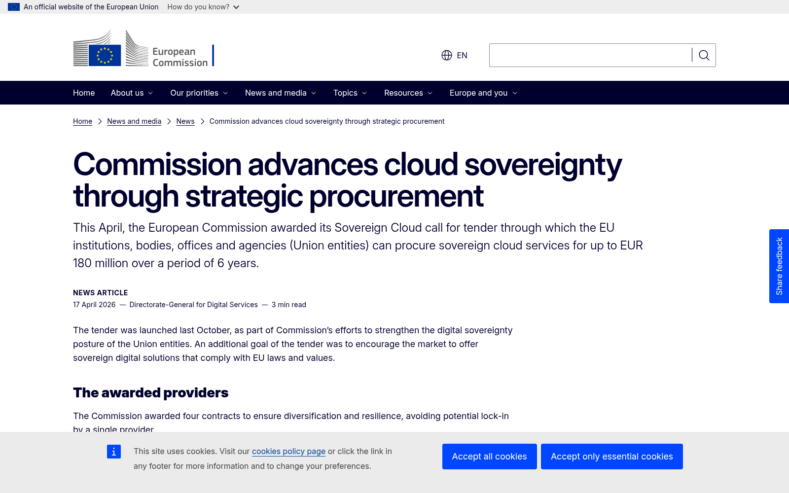 Screenshot of the European Commission news page on the sovereign cloud tender