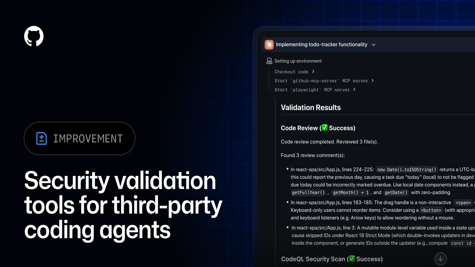 Official GitHub Changelog image: security validation for third-party coding agents.