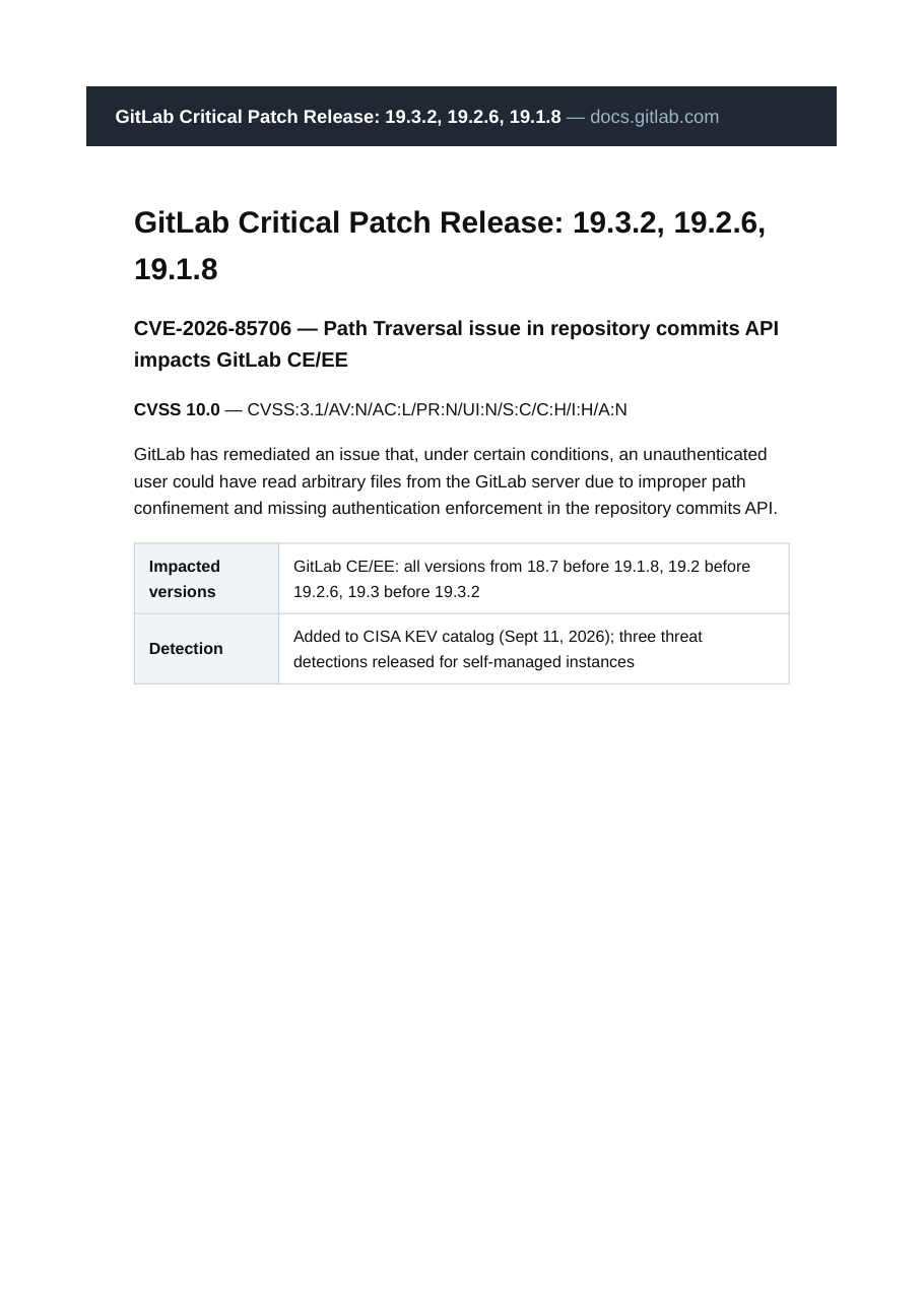 Reproduction of the official GitLab critical patch advisory page for CVE-2026-85706