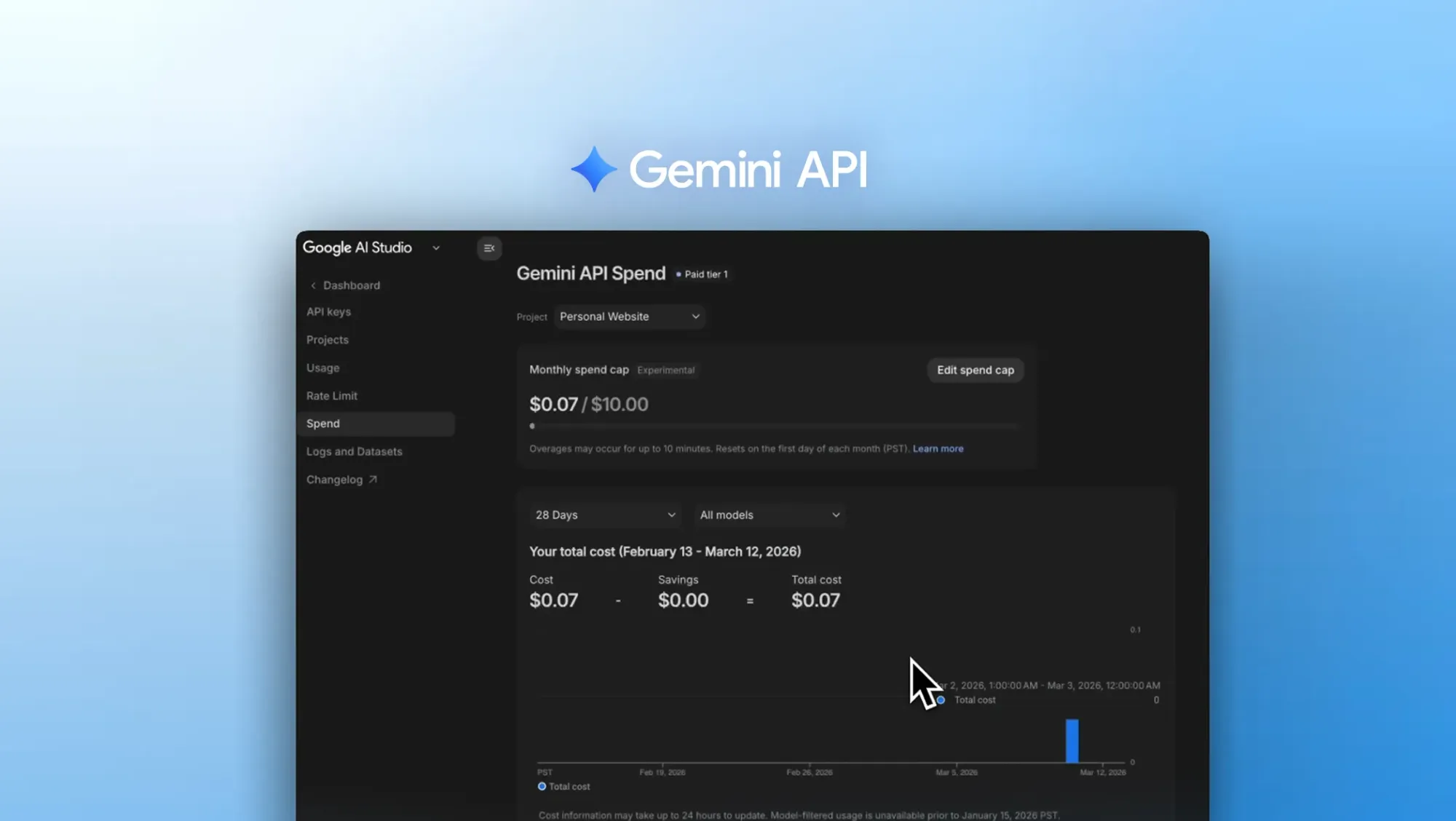 Official Google AI Studio/API imagery showing the Gemini API cost-control announcement and its project spend-cap context.