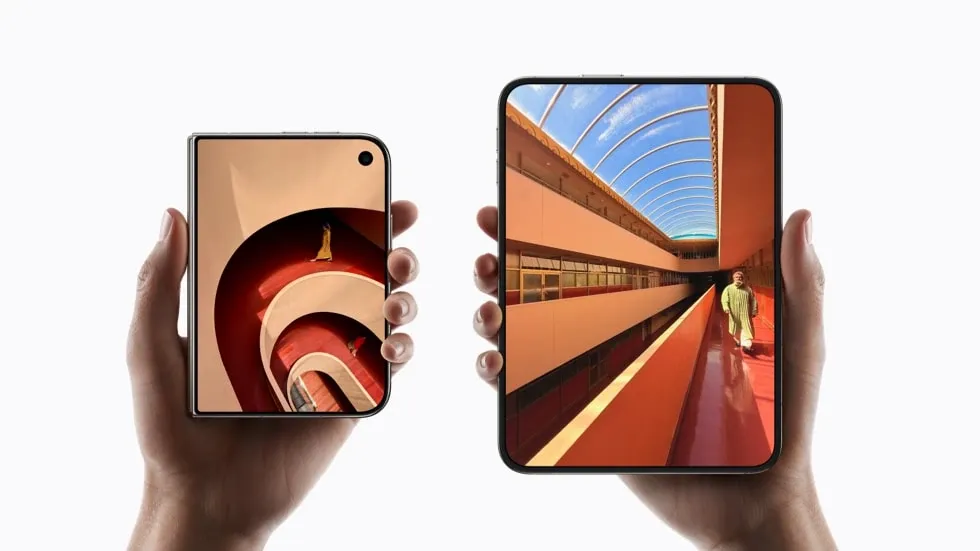 iPhone Duo shown folded and unfolded, illustrating its two display states.