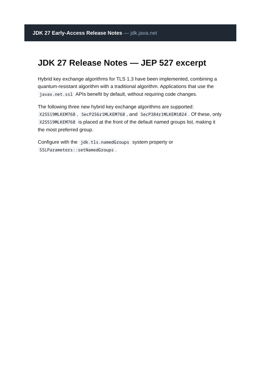 Reproduction of the official JDK 27 release notes section on hybrid key exchange