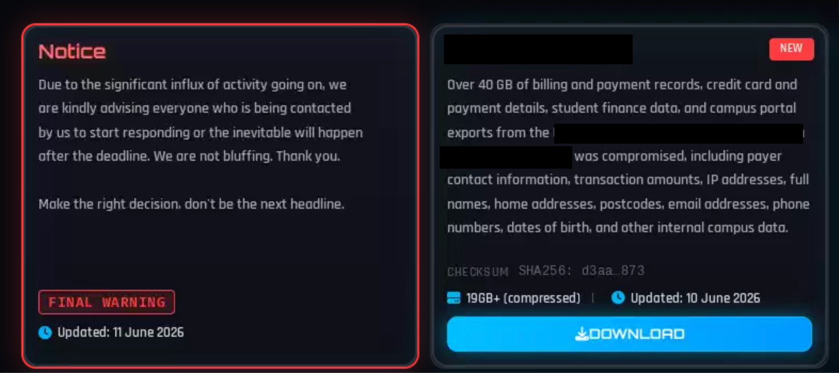 Official Google Cloud blog figure from the June 2026 companion post: ShinyHunters extortion notice
