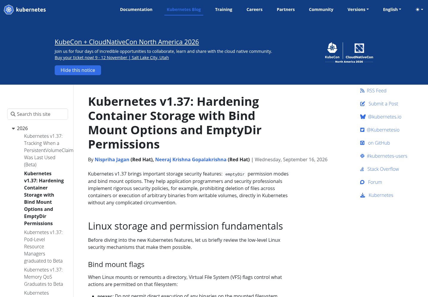 Reproduction of the official kubernetes.io blog post announcing Kubernetes v1.37 storage hardening features