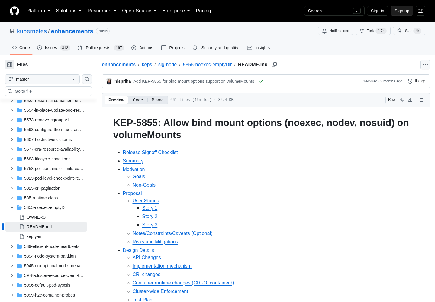 Reproduction of the official KEP-5855 page on GitHub (kubernetes/enhancements) showing the bind mount options proposal