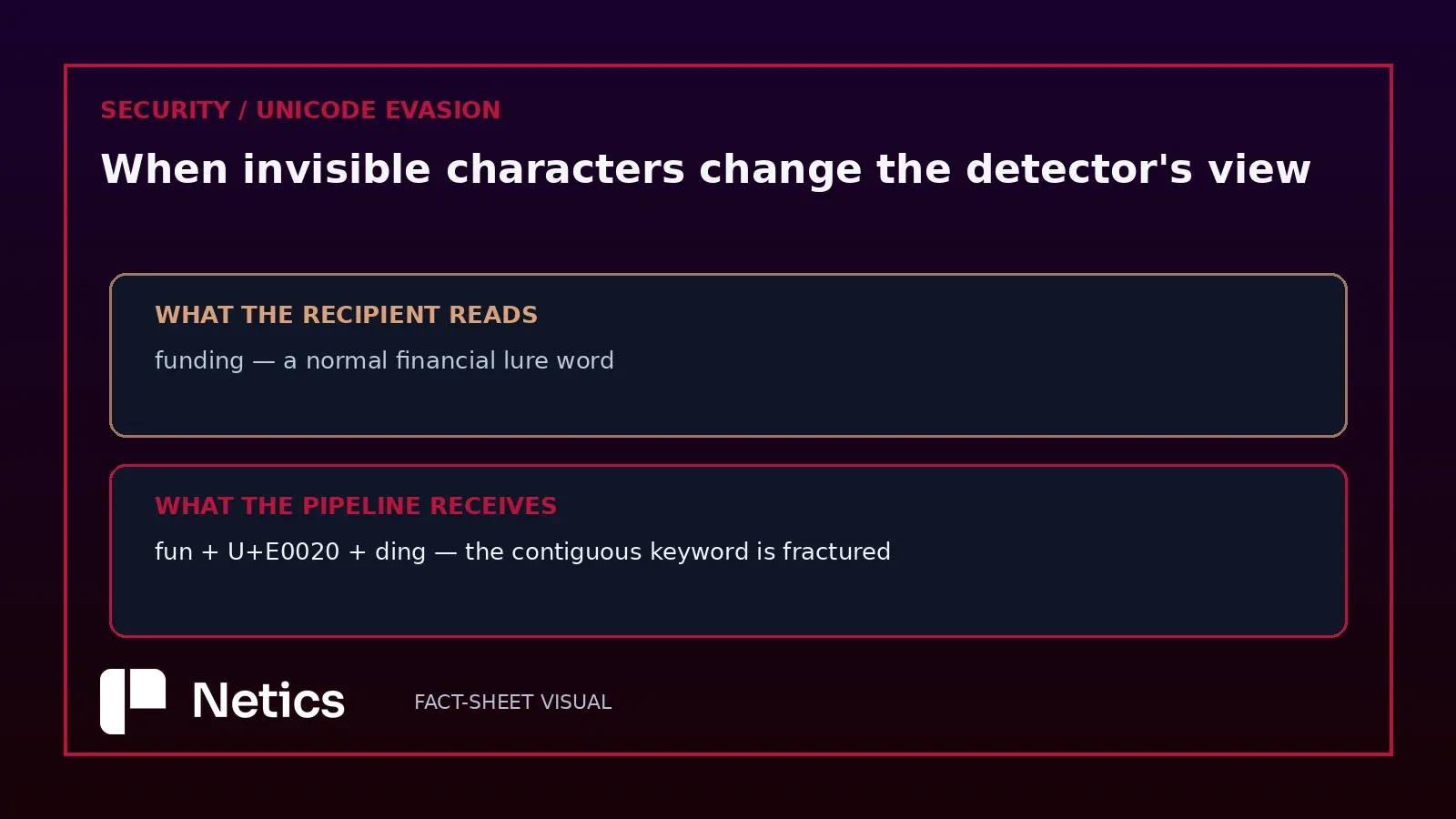 Visible text versus detector input: the word funding is fractured by an invisible U+E0020 tag space.