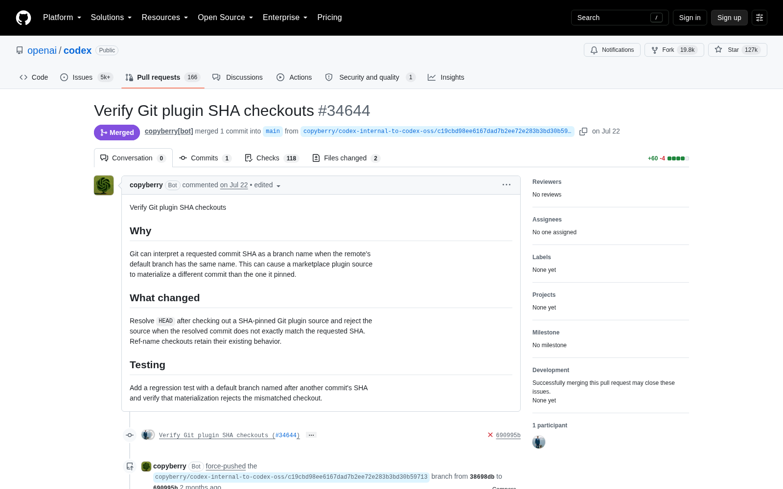 Screenshot of OpenAI’ Codex fix pull request #34644