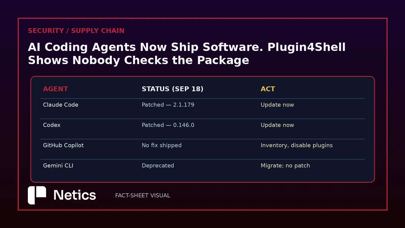 Netics editorial diagram: Plugin4Shell patch matrix