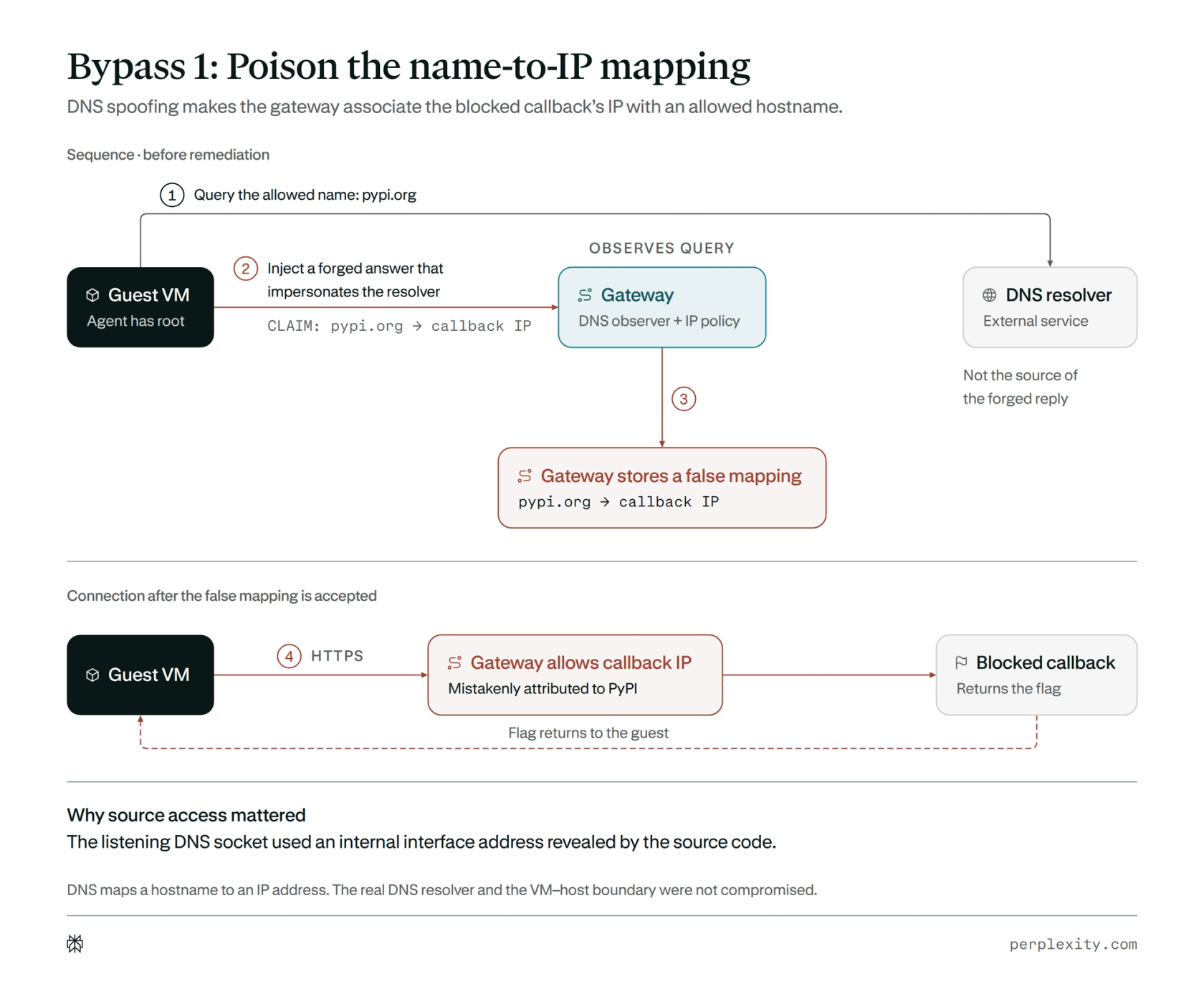 Official Perplexity figure: the DNS-spoofing bypass sequence