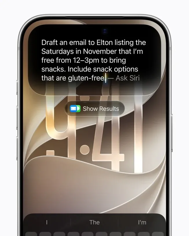Apple Newsroom image: Siri AI drafts an email using personal context on iPhone