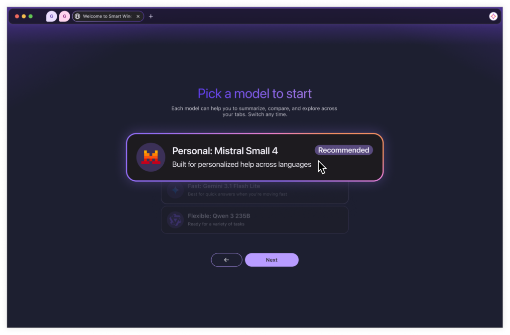 Official Mozilla blog image: Smart Window UI with Mistral in Firefox