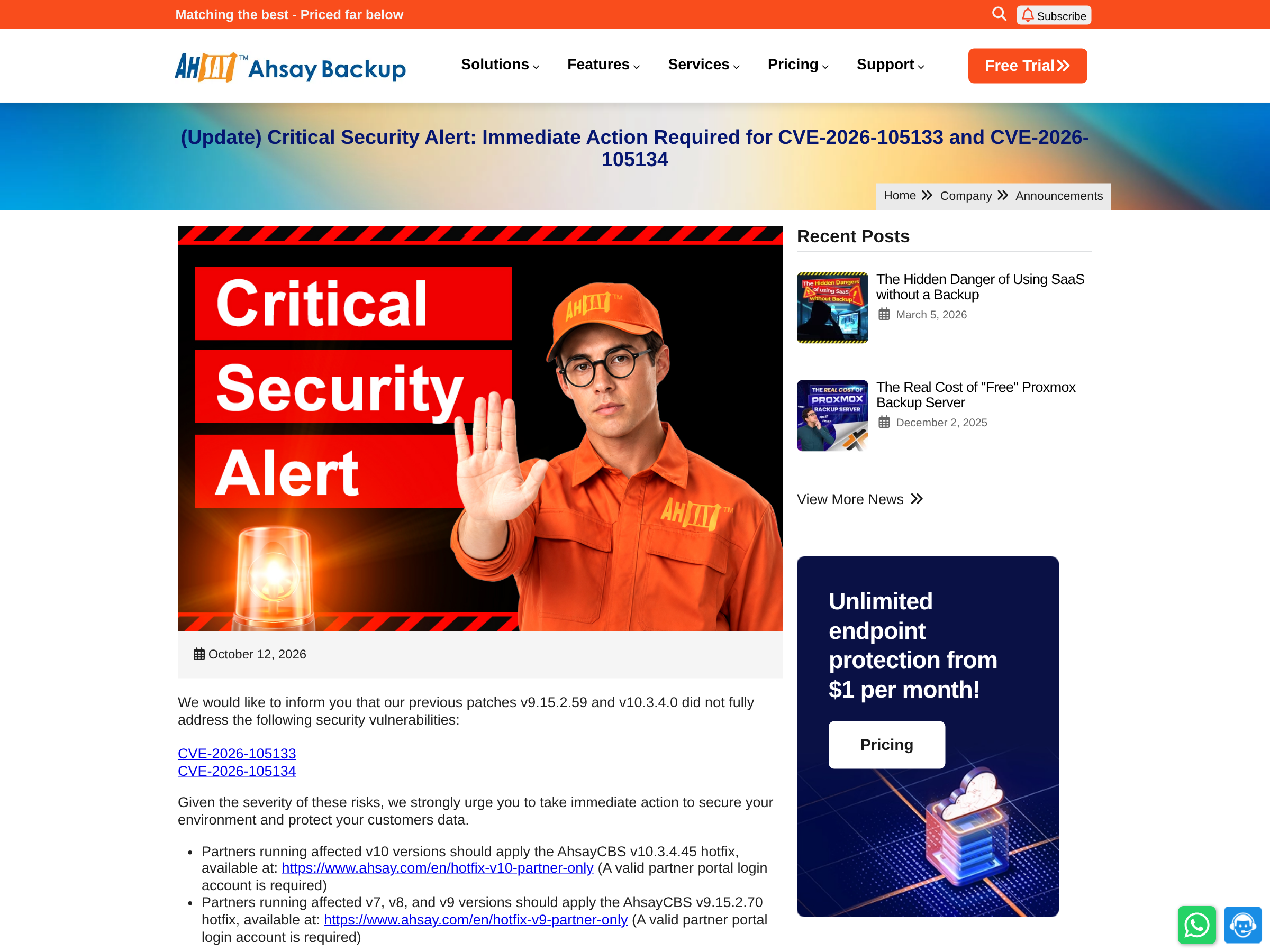 Capture of Ahsay's security announcement page of 12 October 2026