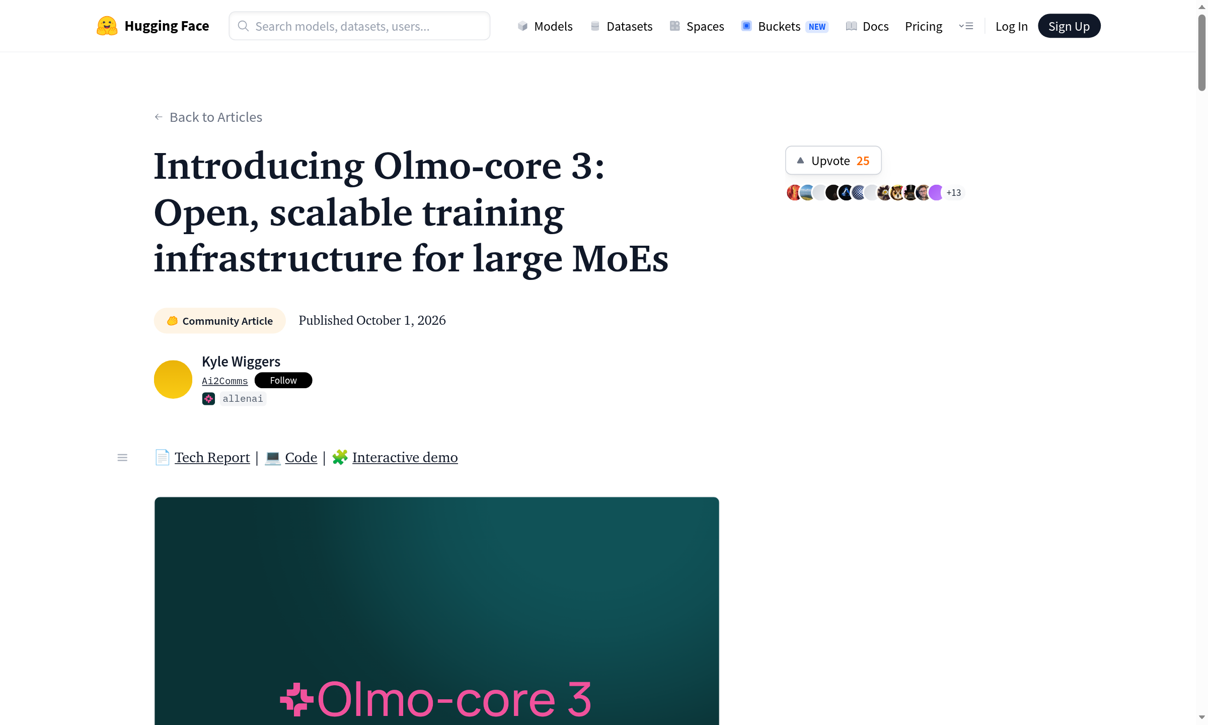 Screenshot of Ai2's Olmo-core 3 launch post as published on Hugging Face, showing the title 'Introducing Olmo-core 3: Open, scalable training infrastructure for large MoEs', the October 1 2026 publication date and the technical report, code and demo links.