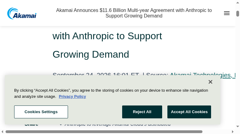 Official Akamai press release capture: the Anthropic $11.6B announcement