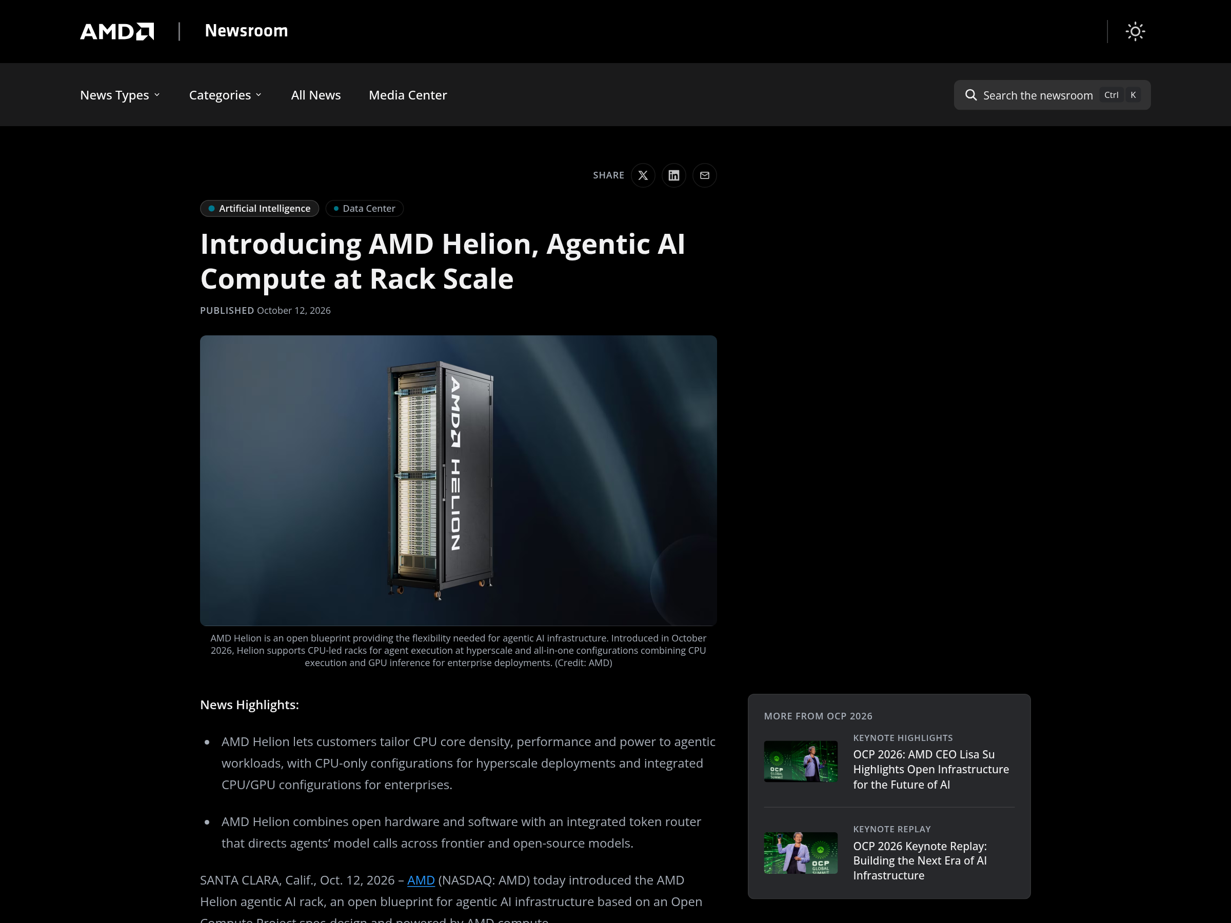 Capture of AMD's newsroom announcement page of 12 October 2026 introducing the AMD Helion agentic AI rack.