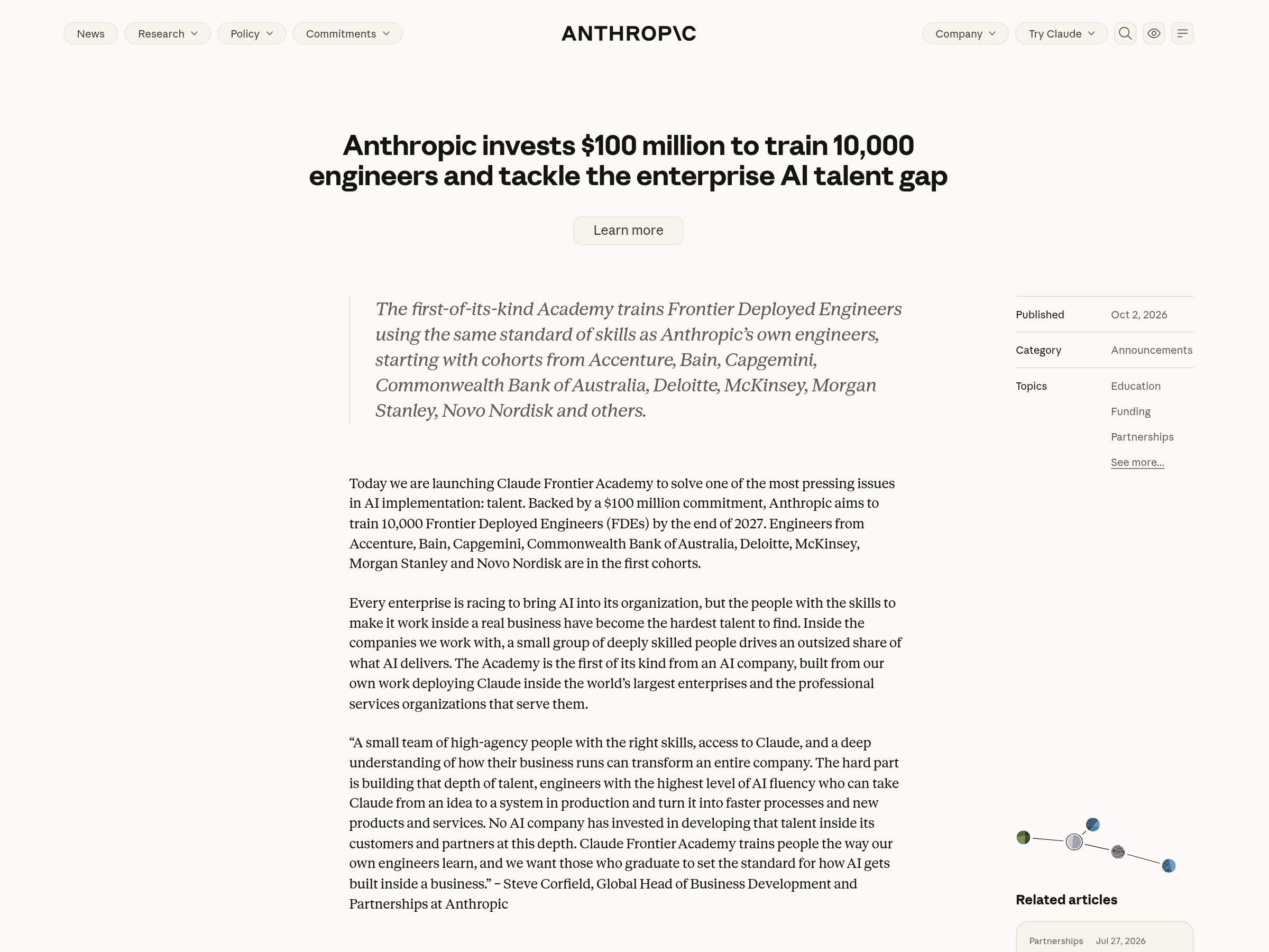 Anthropic's Claude Frontier Academy announcement page — anthropic.com/news/claude-frontier-academy
