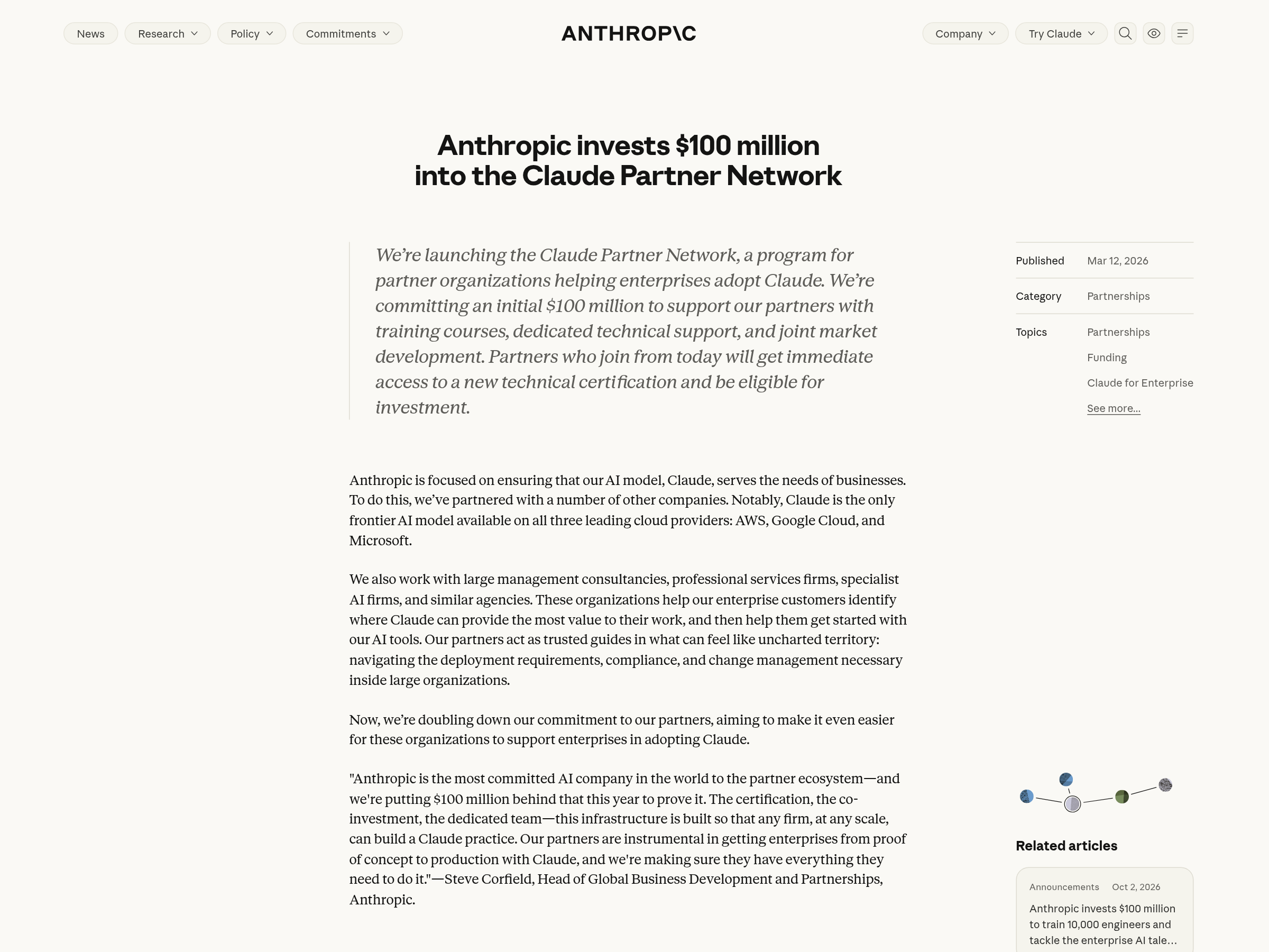 Anthropic's Claude Partner Network announcement page — anthropic.com/news/claude-partner-network