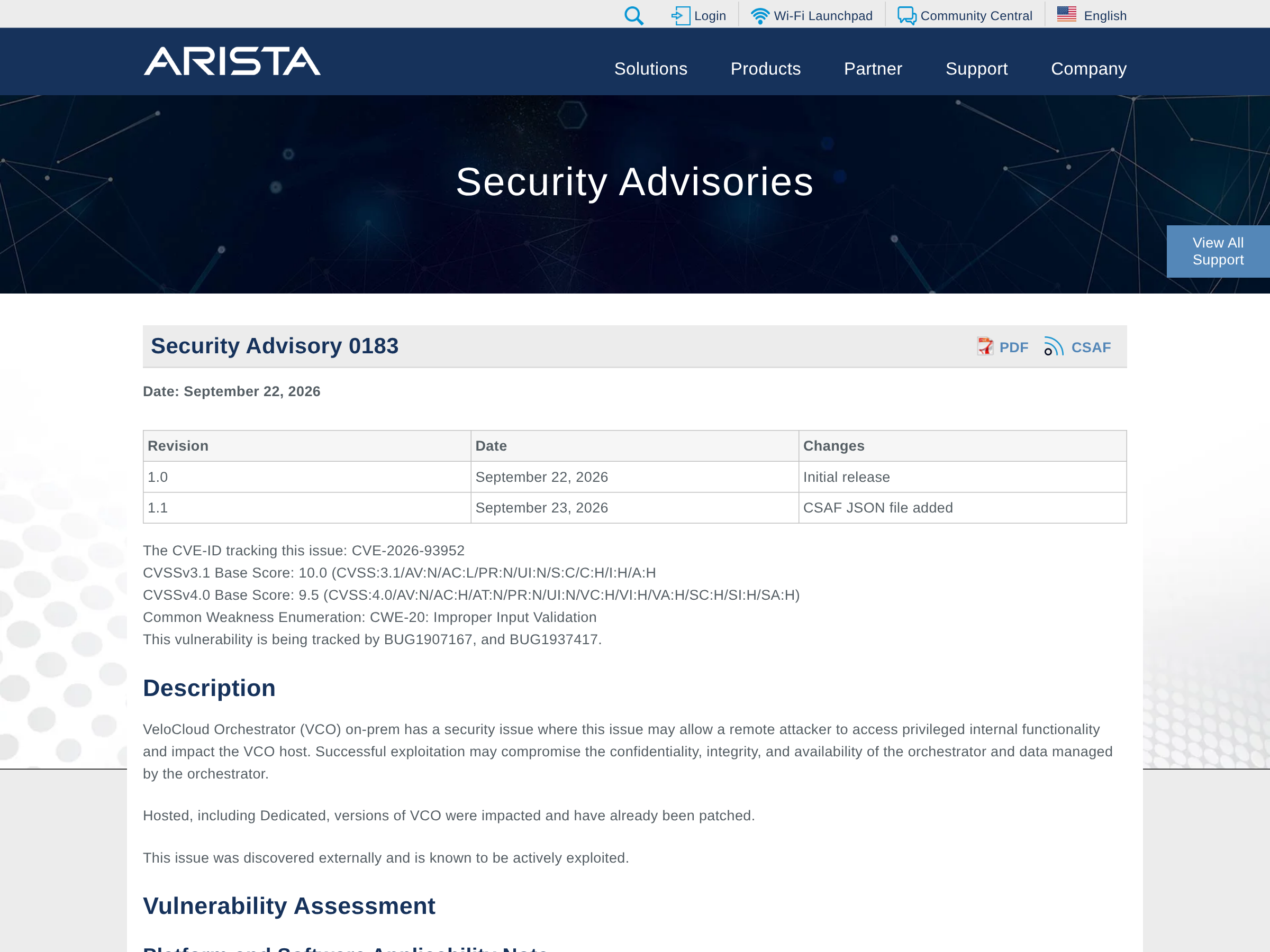 Screenshot of Arista Security Advisory 0183 for the earlier VeloCloud Orchestrator flaw
