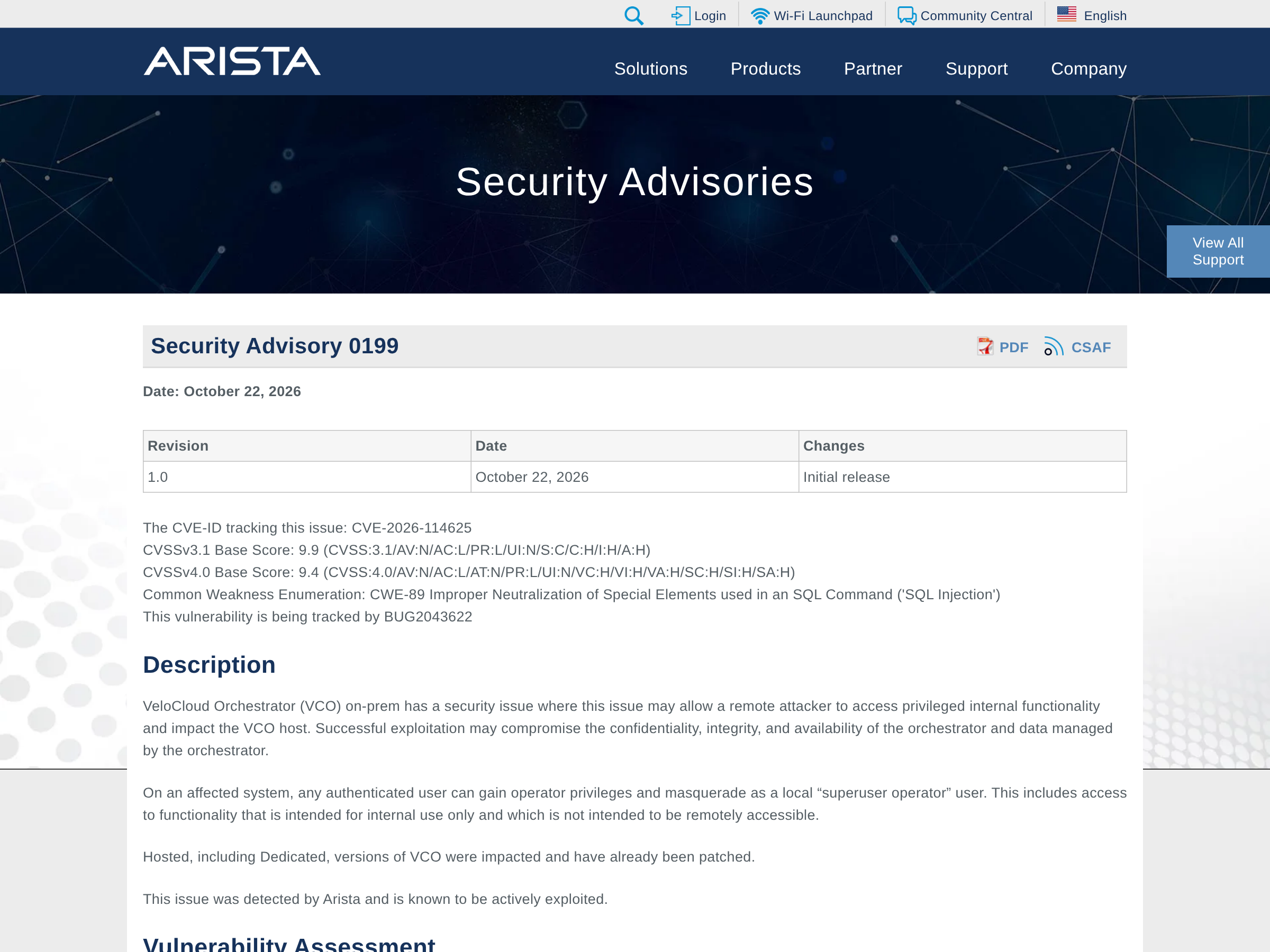 Screenshot of Arista Security Advisory 0199 listing CVE-2026-114625, both CVSS scores and the actively exploited statement