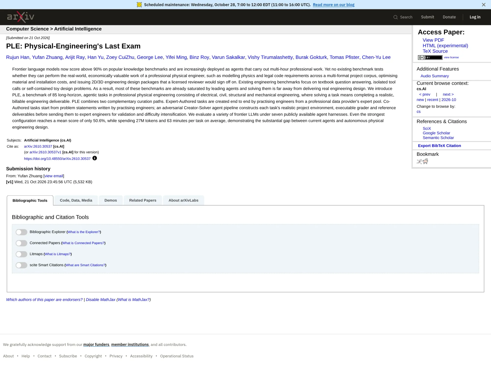 The arXiv record for PLE listing 85 engineering tasks. arxiv.org/abs/2610.30537