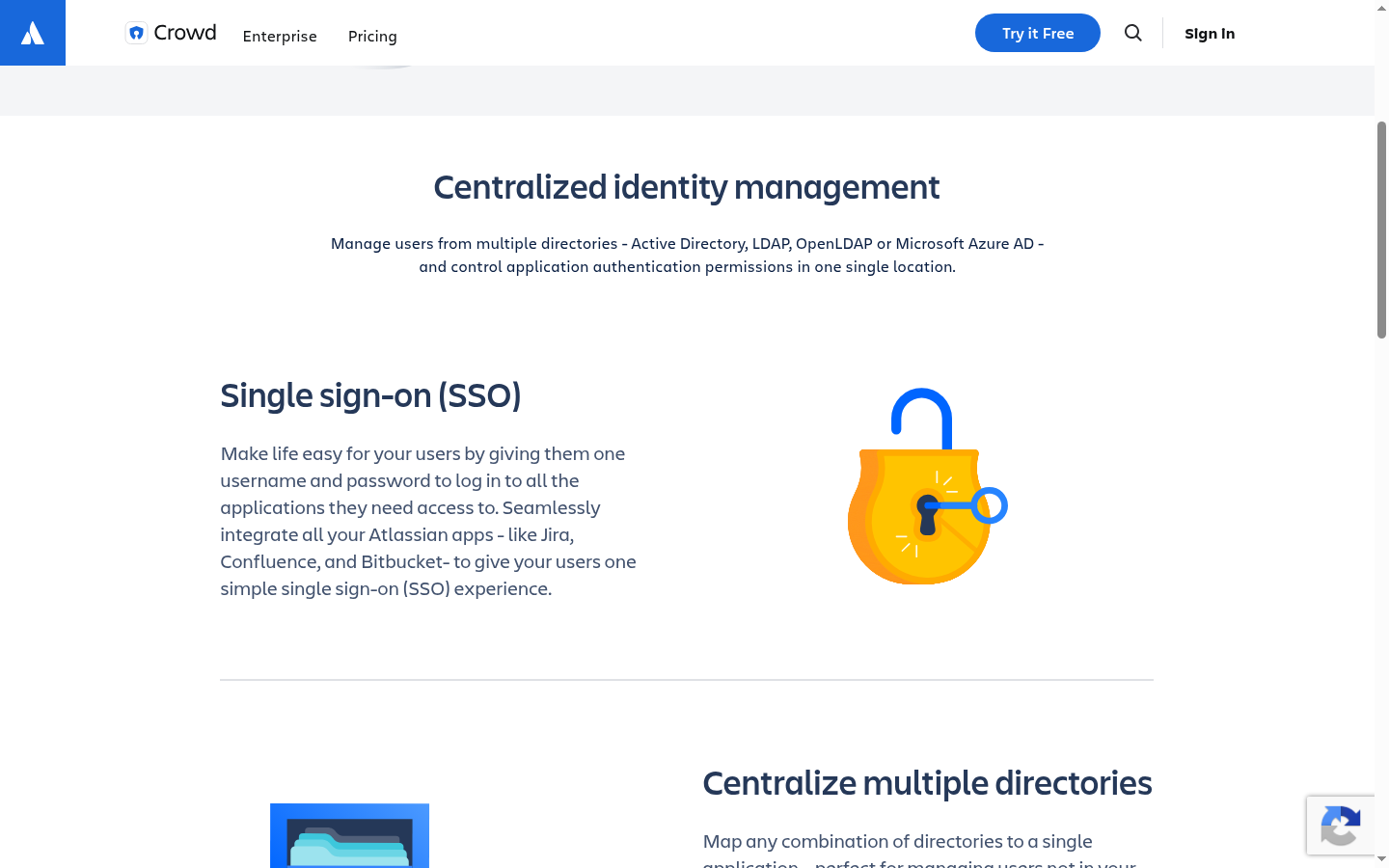 Capture of Atlassian's Crowd product page describing centralised identity management and single sign-on.