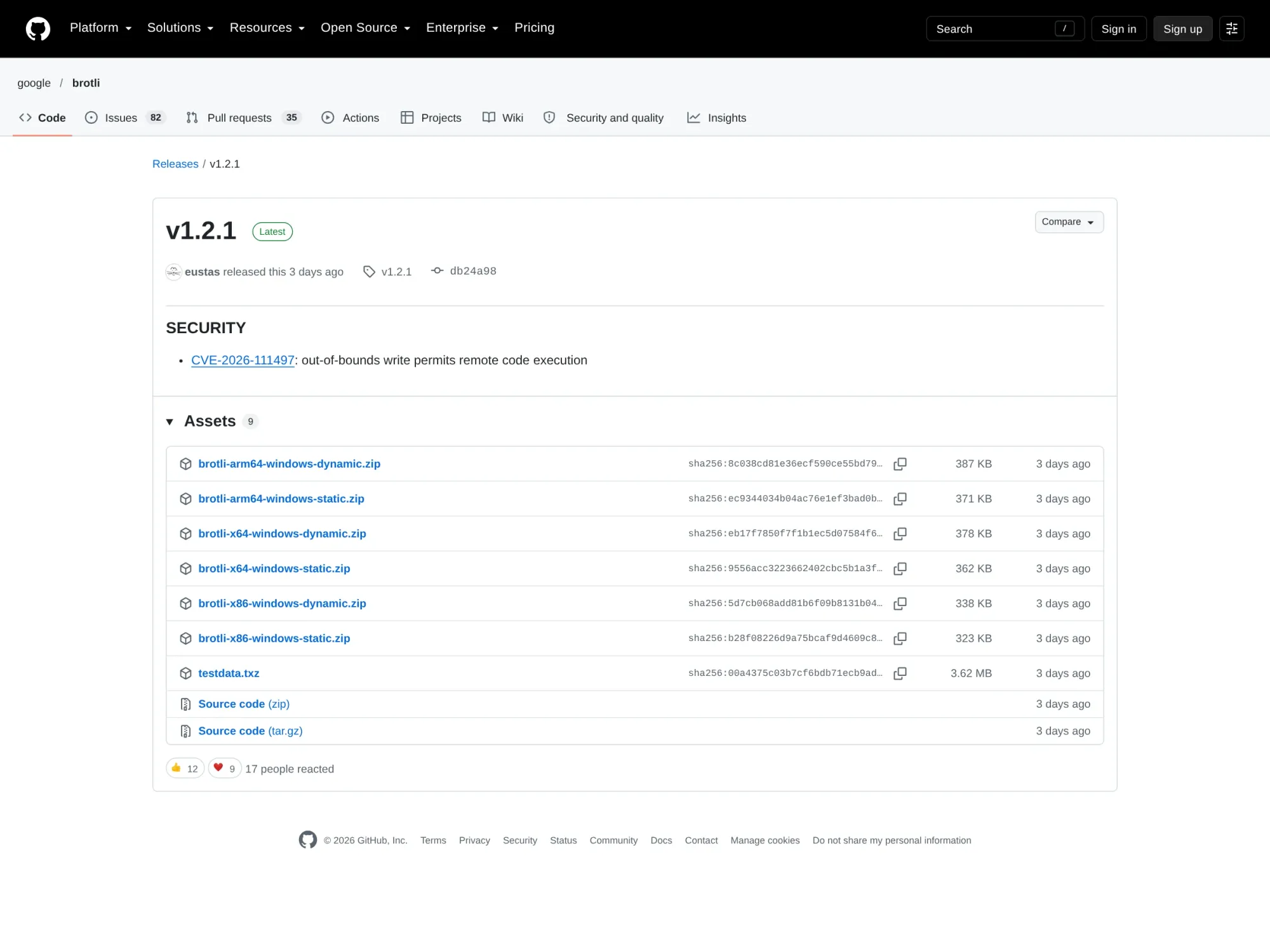 google/brotli v1.2.1 release page with its SECURITY note. github.com/google/brotli/releases/v1.2.1