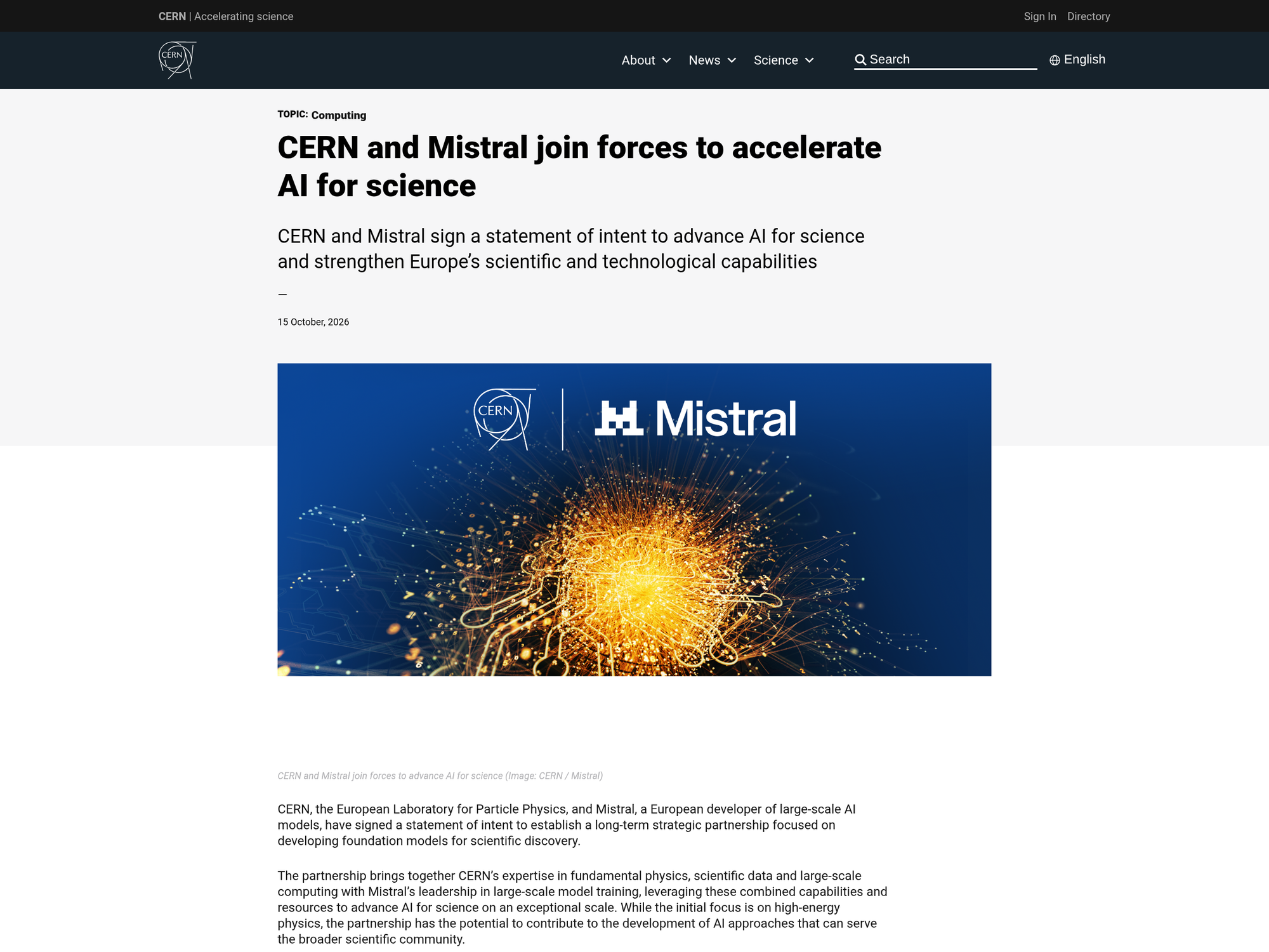 Capture of CERN's press release announcing the CERN and Mistral statement of intent