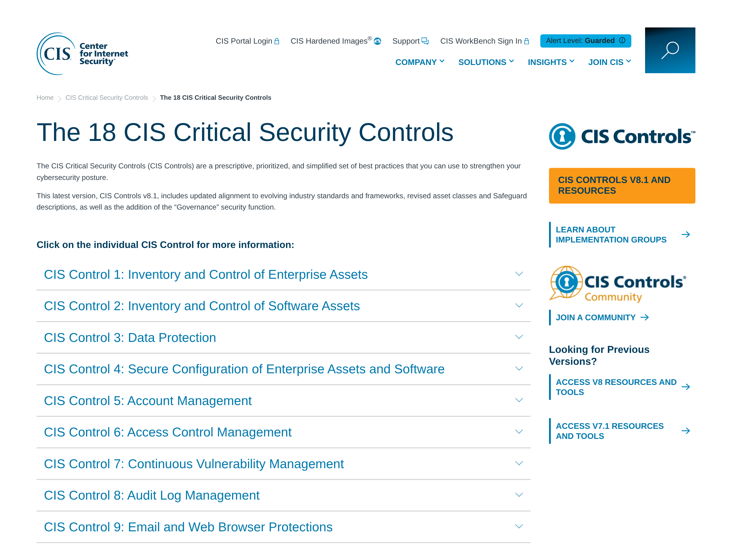 Capture of the CIS Critical Security Controls list page (cisecurity.org, retrieved 2026-10-21) showing the numbered controls