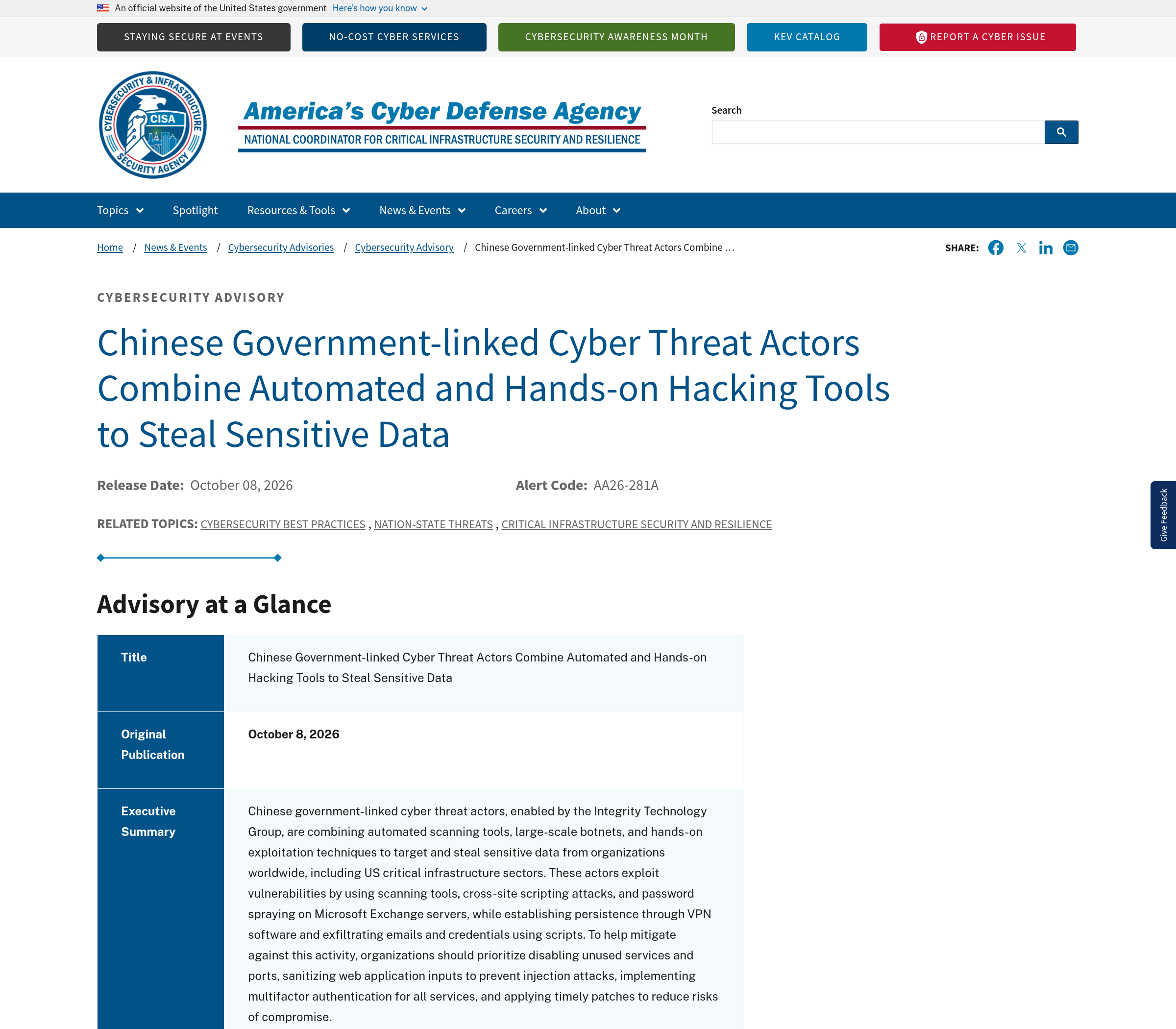 Capture of CISA's joint advisory AA26-281A page on cisa.gov, describing the scanning and exploitation activity behind the October listings.