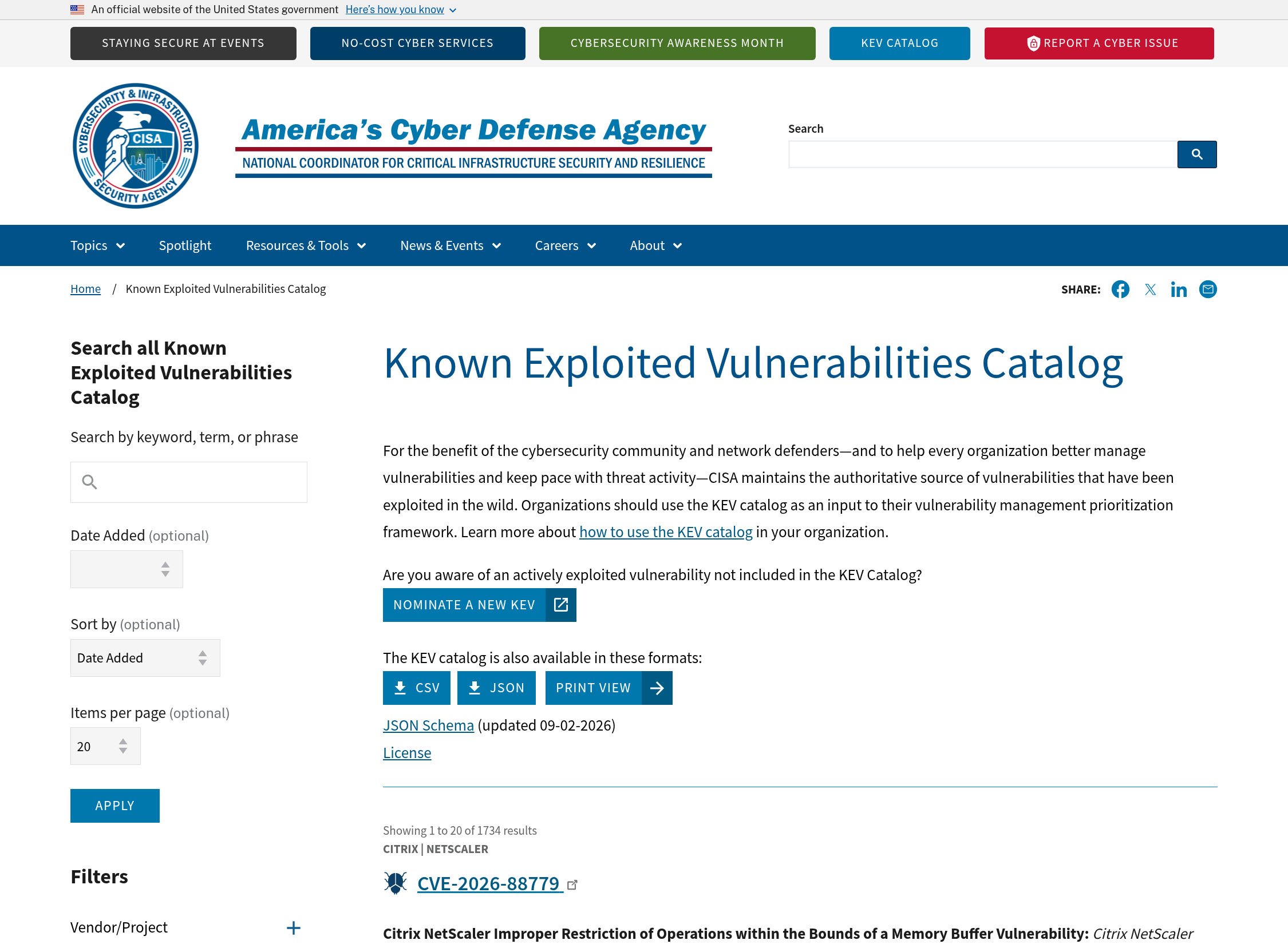 Screenshot of the CISA Known Exploited Vulnerabilities catalogue page, the official list where the two Zammad CVEs were added on 2 October 2026.