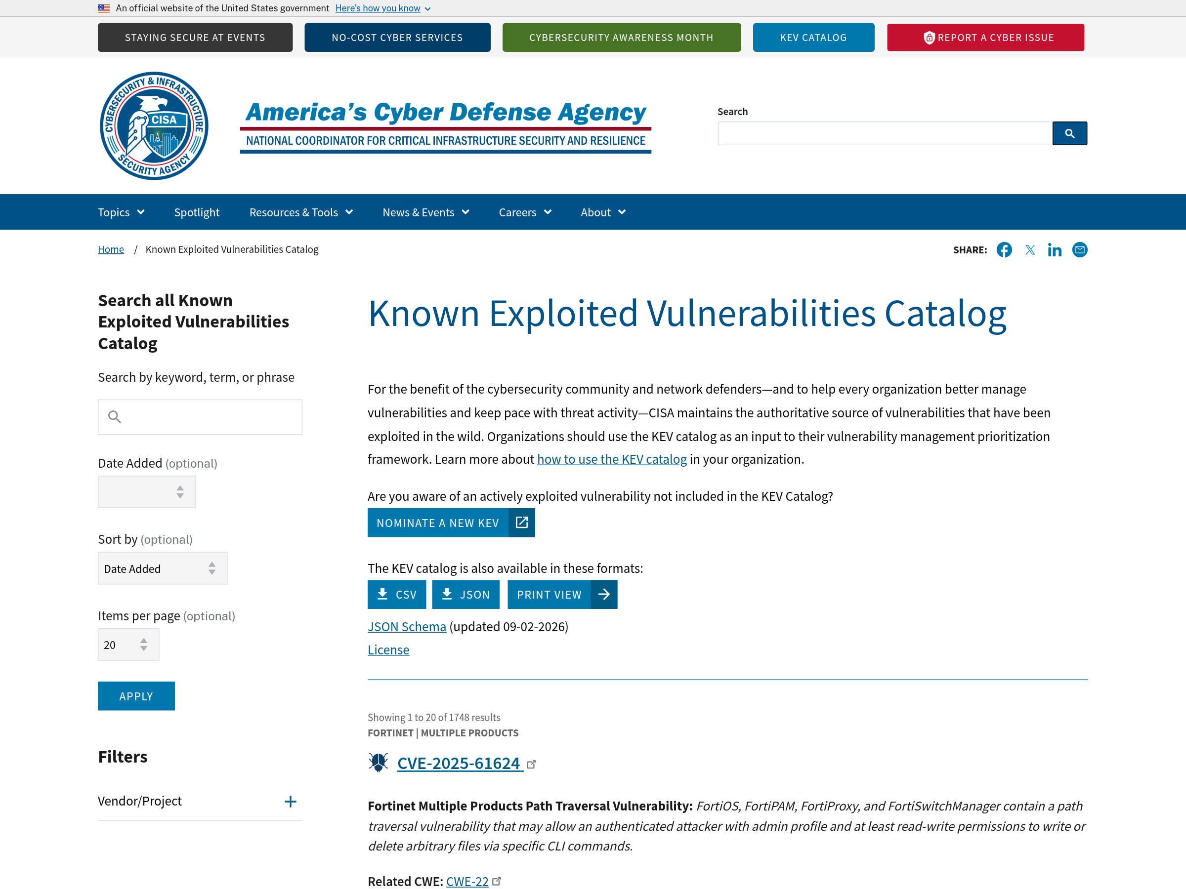 Capture of the CISA Known Exploited Vulnerabilities catalogue page