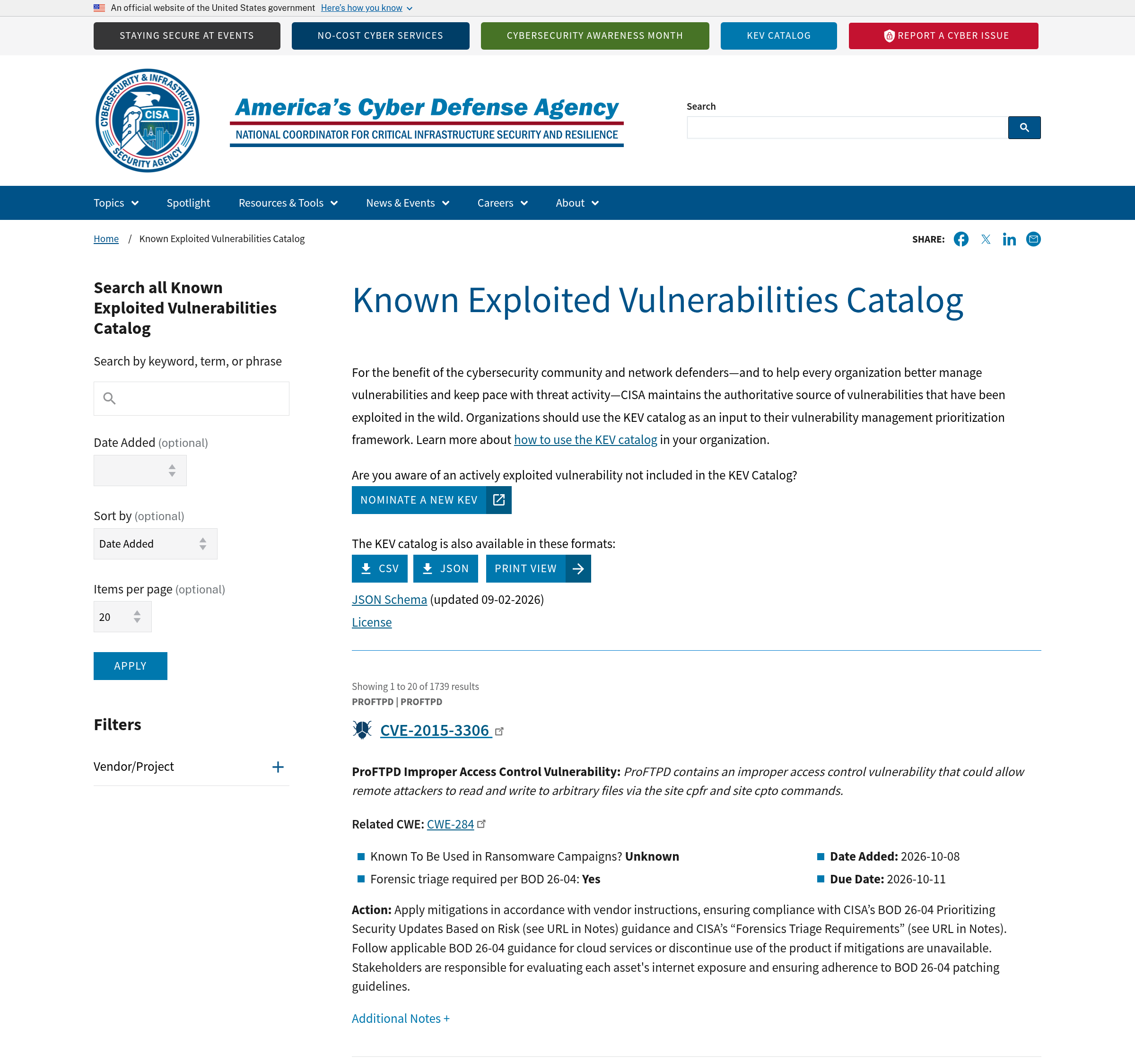 Capture of CISA's Known Exploited Vulnerabilities catalog page on cisa.gov, showing the CVE-2015-3306 ProFTPD entry.