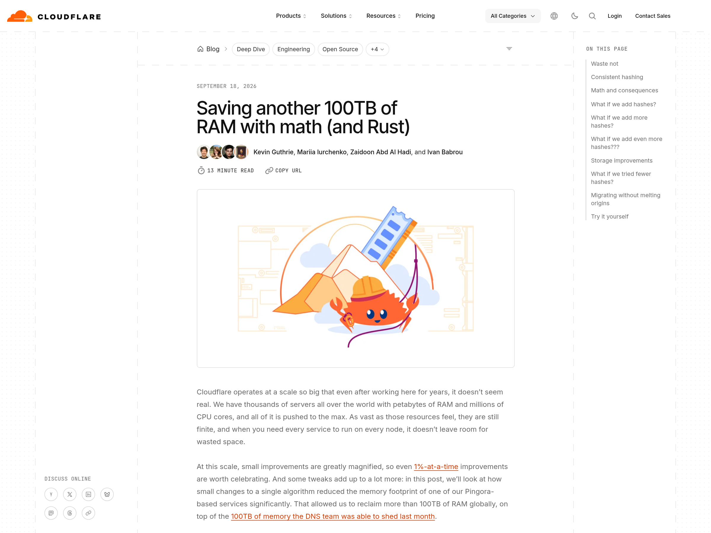 Head of Cloudflare's post on the pingora-ketama rebuild, published 18 September 2026 — blog.cloudflare.com/saving-100-tb-of-ram-with-math