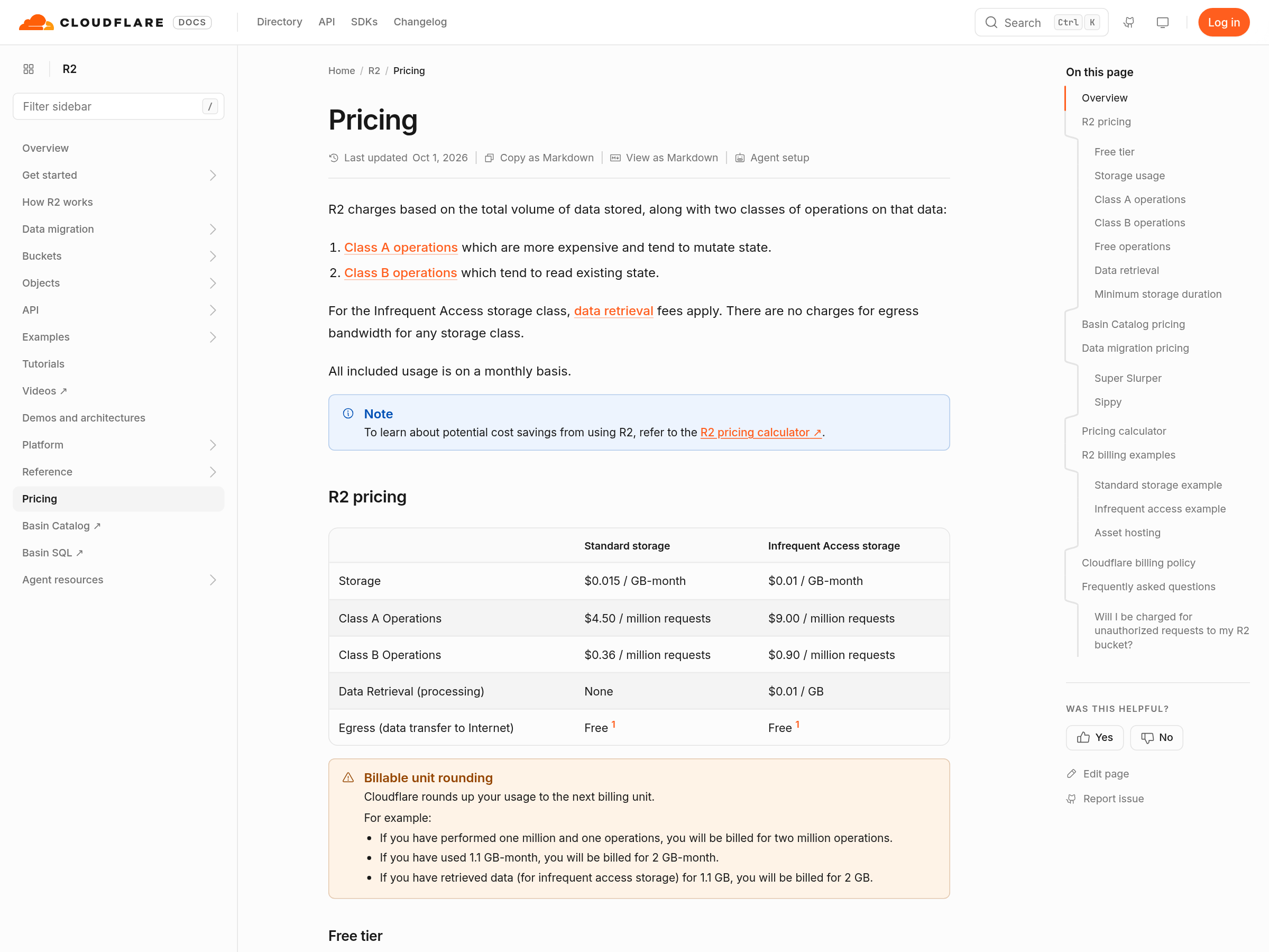 Capture of Cloudflare's R2 pricing page showing egress listed as free for both storage classes