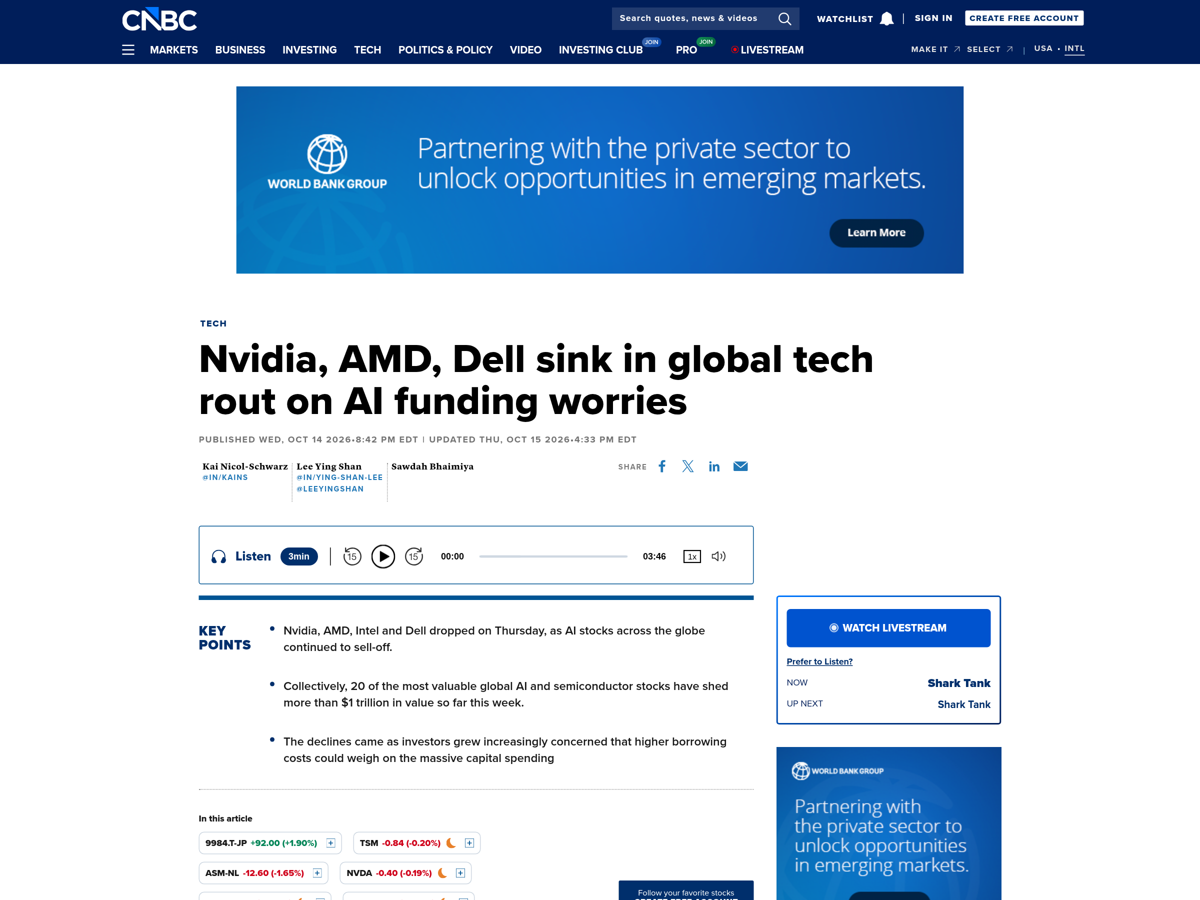 Capture of the CNBC report on the 15 October 2026 technology sell-off